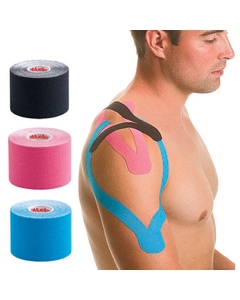 Mueller Kinesiology Tape - Rolls and In Use on person
