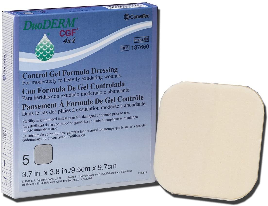 duoderm dressing Convatec Control Gel Formula 4"x4" Hydrocolloid Sterile Adhesive for Partial and Full-Thickness Wounds, Medical Grade, Latex-Free, Waterproof, Square, Beige, 5ct Box : Health & Household DuoDERM CGF Control Gel Formula