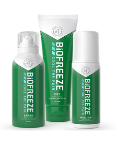 3 different Biofreeze products for fast acting pain relief: spray bottle, squeeze bottle & roll-on.