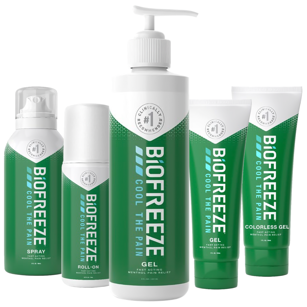 3 different Biofreeze products for fast acting pain relief: spray bottle, squeeze bottle & roll-on.