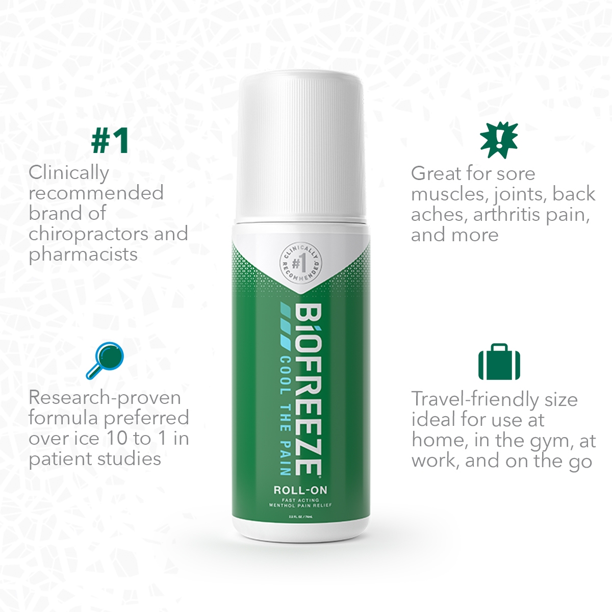 3 different Biofreeze products for fast acting pain relief: spray bottle, squeeze bottle & roll-on.