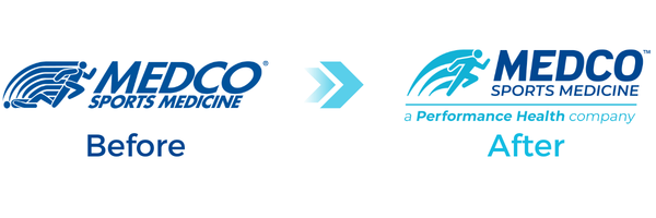 Before and after of the old Medco logo to the new Medco logo
