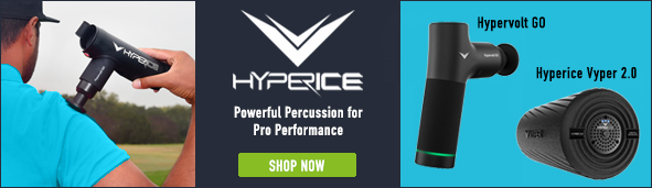 Hyperice Banner that shows a person using the percussion massager on their shoulder, with two products featured right: Hypervolt GO and Hyperce Vyper 2.0