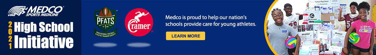 Banner about Medco's PFATS Partnership for their 2021 High School Initiative that helps our nation's schools provide care for young athletes, with image of a group of young athletes shown right