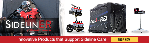 SidelinER Banner that shows a football player stepping out of the SidelinER medical tent with three different SidelinER products shown right: HydratER water cart, SidelinER Flex tent, and HydratER stand.